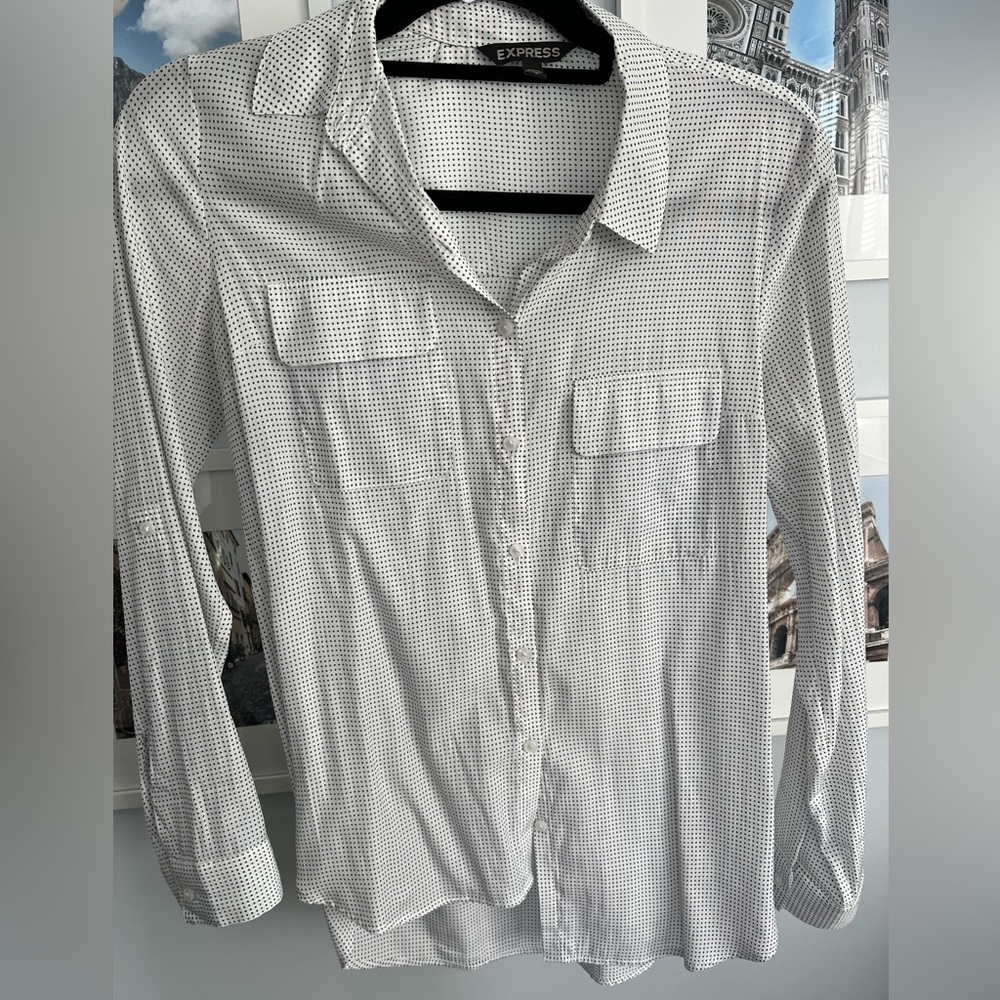 Express blouse. White with “denim” colored polka dots.